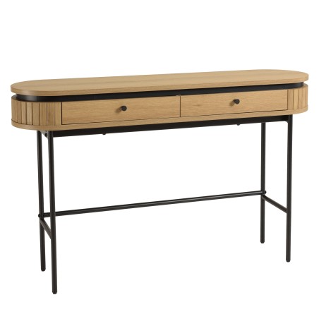 Rounded console table in natural colour with 2 drawers and black metal legs - ETHAN