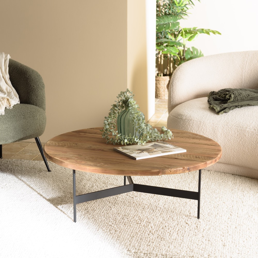 Round coffee table 90x90cm recycled pine wood and black metal legs - DANDY Round coffee table 90x90cm recycled pine wood and black metal legs - DANDY