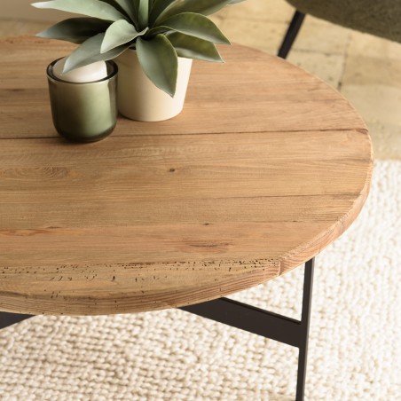 Round coffee table 70x70cm recycled pine wood and black metal legs - DANDY