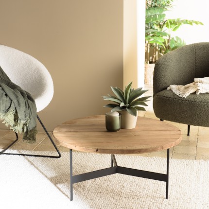 Table basse ronde 70x70cm bois Pin recyclé et pieds métal noir - DANDY