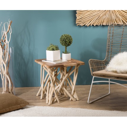 SECONDE MAIN - Table d'appoint nature - plateau carré 55x55cm Teck pieds bois flotté