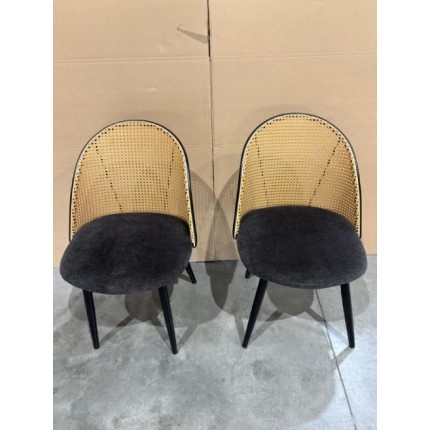 SECONDE MAIN - Lot de 2 chaises assise tissu noir dossier arrondi effet cannage