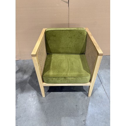 SECONDE MAIN - Fauteuil cannage assise amovible velours vert