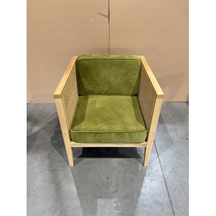 SECONDE MAIN - Fauteuil cannage assise amovible velours vert