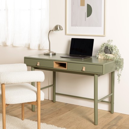 Bureau vert 2 tiroirs et 1 niche en bois naturel  - ETHAN