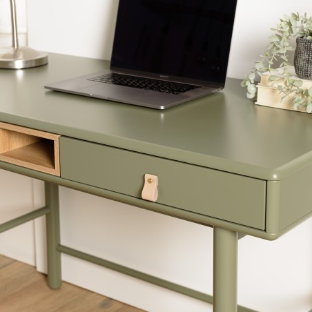 ETHAN - Green desk with 2 drawers and 1 niche in natural wood