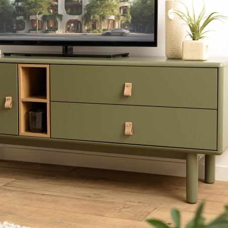 ETHAN - Green TV cabinet with 1 door, 2 drawers and 2 shelves in natural wood