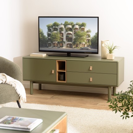 ETHAN - Green TV cabinet with 1 door, 2 drawers and 2 shelves in natural wood