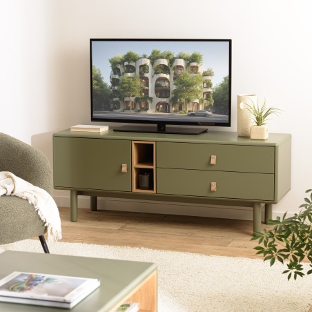 ETHAN - Green TV cabinet with 1 door, 2 drawers and 2 shelves in natural wood
