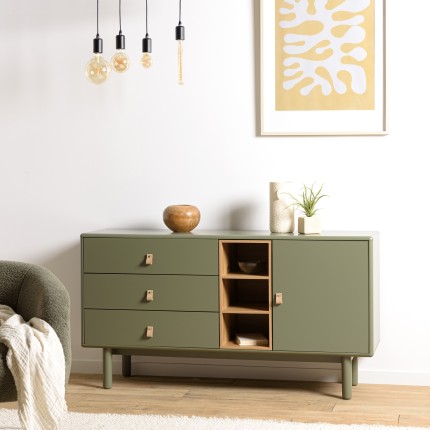 Buffet vert 1 porte 3 tiroirs 3 niches bois naturel - ETHAN