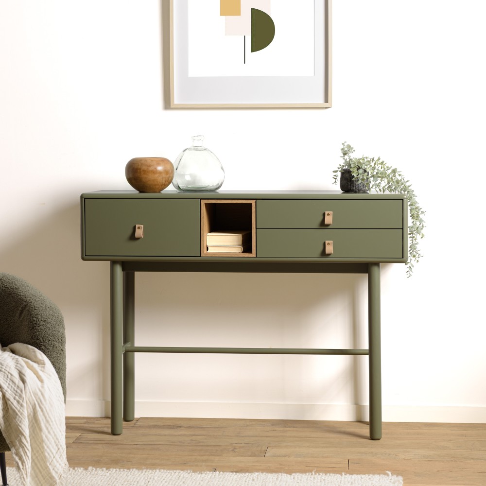 Green console table with 3 drawers and 1 niche in natural wood - ETHAN Green console table with 3 drawers and 1 niche in natural wood - ETHAN