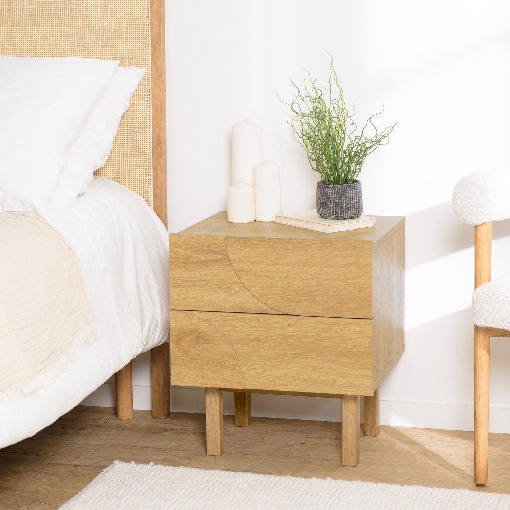 Natural-coloured bedside table with 2 drawers and rounded motif decoration - ETHAN Natural-coloured bedside table with 2 drawers and rounded motif decoration - ETHAN