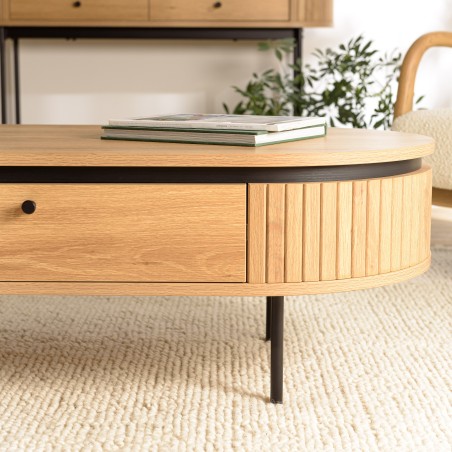 Natural-coloured rounded coffee table with 2 drawers - ETHAN