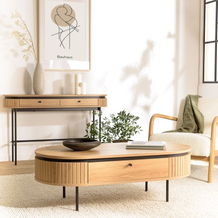 Natural-coloured rounded coffee table with 2 drawers - ETHAN