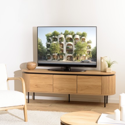 Natural-coloured rounded TV cabinet with 3 doors - ETHAN