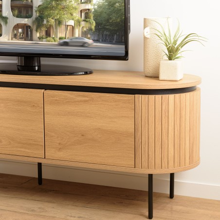 Natural-coloured rounded TV cabinet with 3 doors - ETHAN