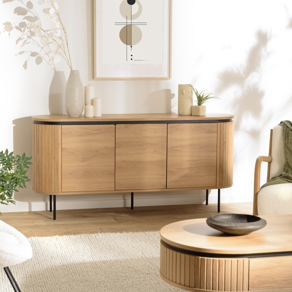 Natural-coloured rounded sideboard with 3 doors - ETHAN Natural-coloured rounded sideboard with 3 doors - ETHAN