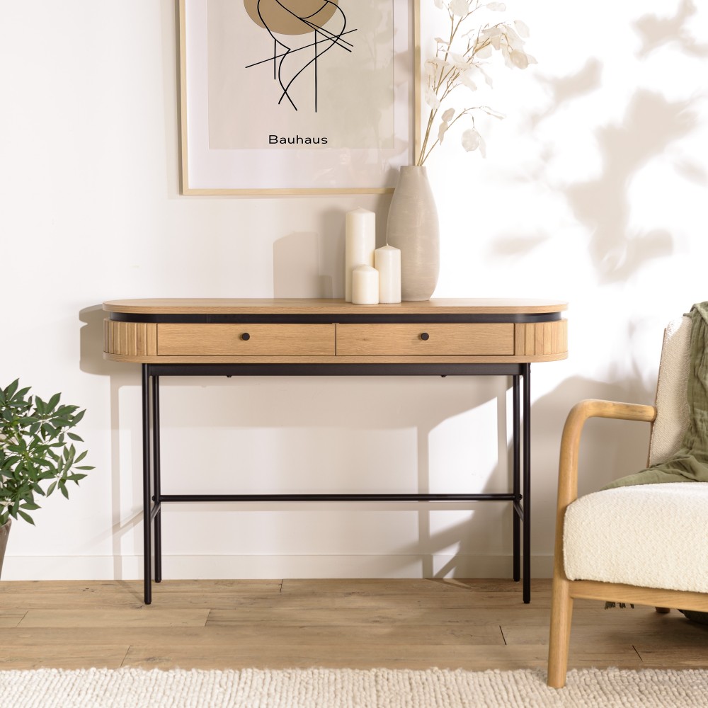 Rounded console table in natural colour with 2 drawers and black metal legs - ETHAN Rounded console table in natural colour with 2 drawers and black metal legs - ETHAN