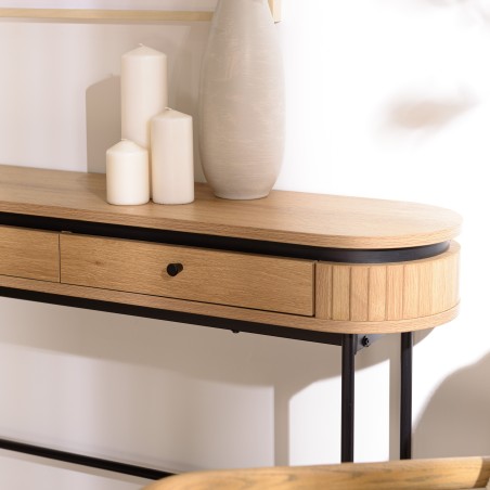 ETHAN - Console arrondie couleur naturelle 2 tiroirs pieds métal noir