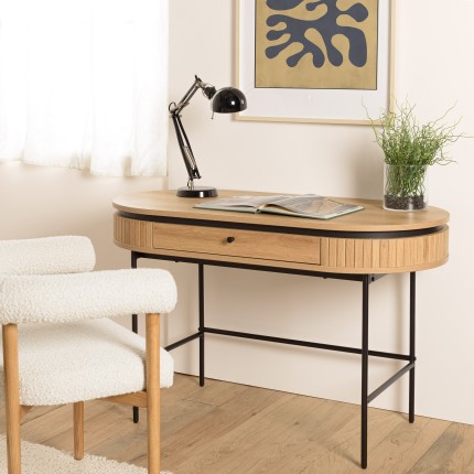Natural-coloured rounded desk with 1 drawer and black metal legs - ETHAN