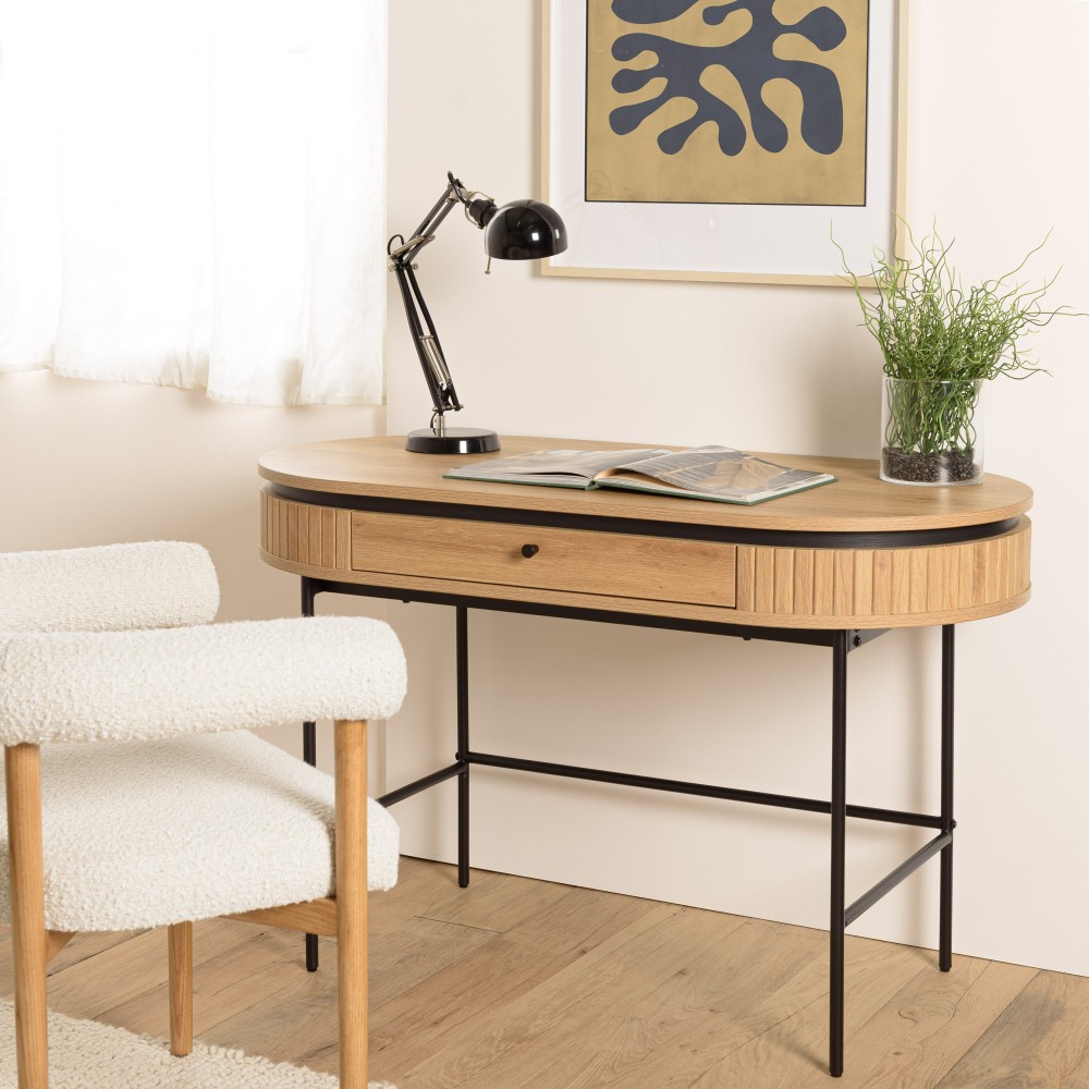 Bureau arrondi couleur naturelle 1 tiroir pieds métal noir - ETHAN Bureau arrondi couleur naturelle 1 tiroir pieds métal noir - ETHAN