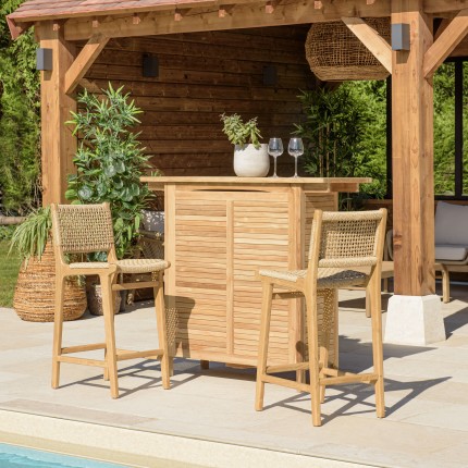 SECONDE MAIN - Lot de 2 tabourets bar de jardin teck rotin synthétique beige