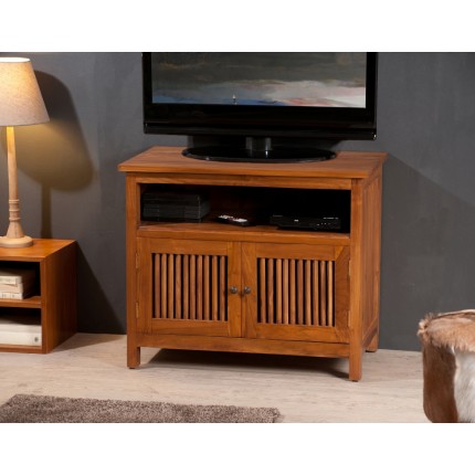 SECONDE MAIN - Meuble TV marron 2 portes persiennes bois Teck