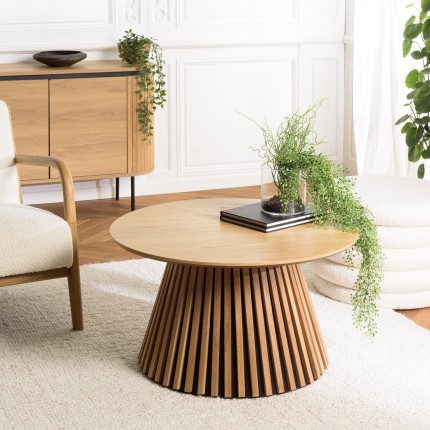 Round coffee table D80 with decorative finish and natural oak base with striated pattern - SYA