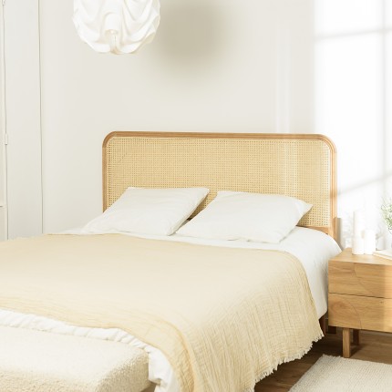 Headboard with rounded edges, natural rattan and solid oak, 140/160 cm