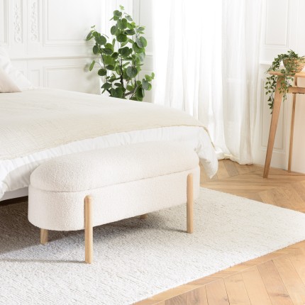 Ecru bouclé fabric bench with storage and wooden legs - LEOPOLD