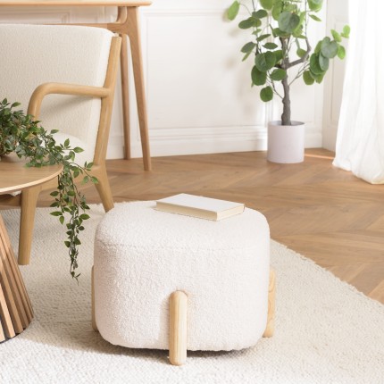 Ecru bouclé fabric pouffe with wooden legs - LEOPOLD