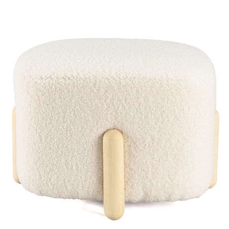 Ecru bouclé fabric pouffe with wooden legs - LEOPOLD