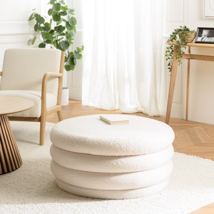 L-shaped pouffe in ecru bouclé fabric with storage - LEOPOLD