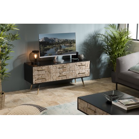 SECONDE MAIN - Meuble TV noir 6 tiroirs scandi bois Sapin marqueté pieds métal doré