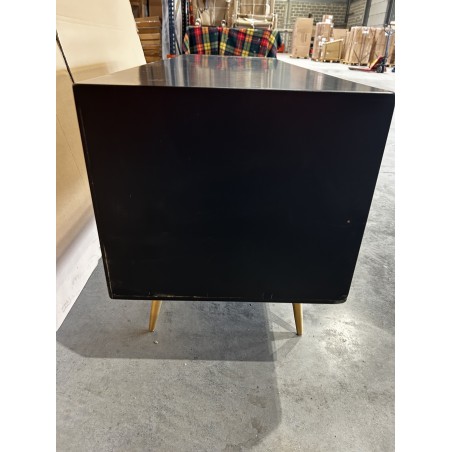 SECOND HAND - Black TV stand with 6 drawers, Scandi-style, in inlaid pine with gold metal legs