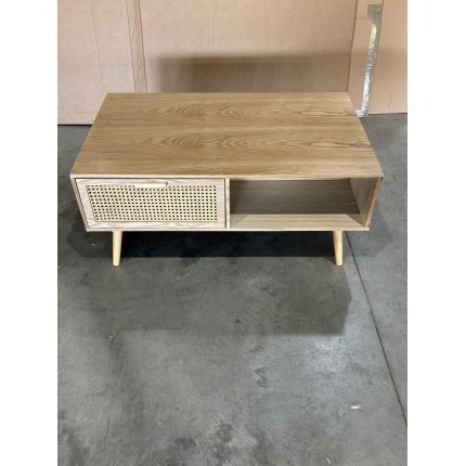 SECONDE MAIN - Table basse couleur naturelle 2 tiroirs 1 niche bois cannage
