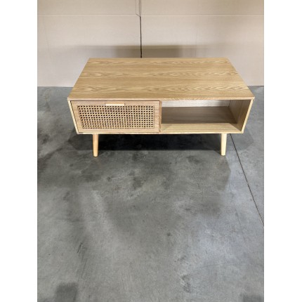 SECONDE MAIN - Table basse couleur naturelle 2 tiroirs 1 niche bois cannage
