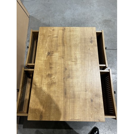 SECOND-HAND - Brown coffee table with 4 drawers, cane effect, black metal legs