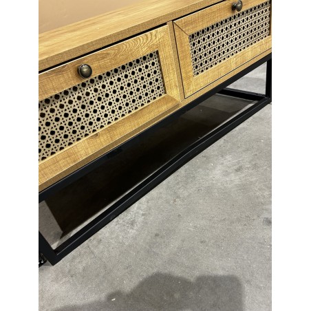 SECOND-HAND - Brown coffee table with 4 drawers, cane effect, black metal legs