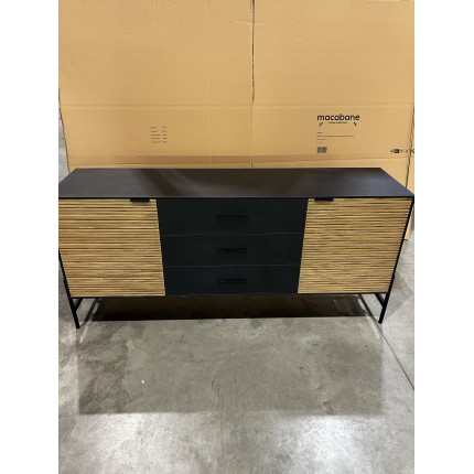 SECOND-HAND - Brown and black sideboard with 3 drawers and 2 doors, pine with black metal legs
