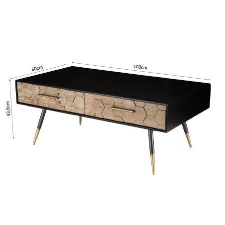 SECONDE MAIN - Table basse noire rectangulaire 2 tiroirs scandi bois sapin marqueté pieds métal doré