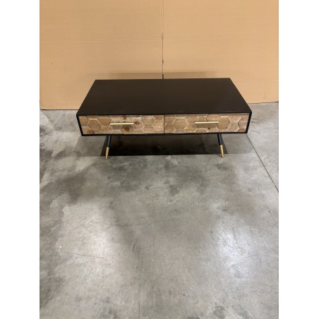 SECOND-HAND - Black rectangular coffee table with 2 drawers, Scandinavian style, inlaid pine wood with gold metal legs