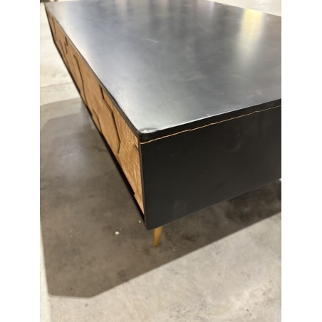 SECOND-HAND - Black rectangular coffee table with 2 drawers, Scandinavian style, inlaid pine wood with gold metal legs
