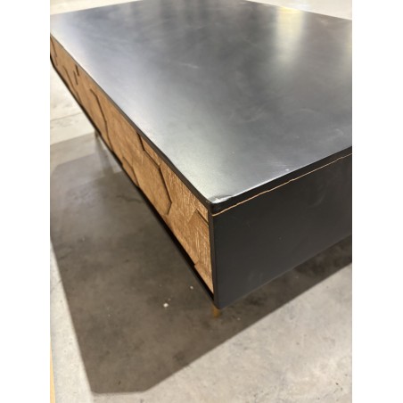 SECOND-HAND - Black rectangular coffee table with 2 drawers, Scandinavian style, inlaid pine wood with gold metal legs