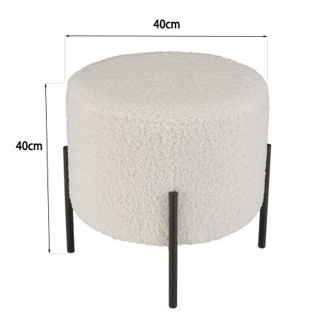 SECONDE MAIN - Tabouret rond 40x40cm tissu bouclette blanc pieds métal noir