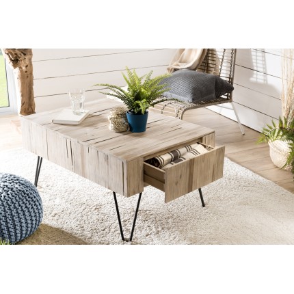 SECONDE MAIN - Table basse rectangulaire 2 tiroirs branches bois Teck naturel - pieds épingles scandi métal