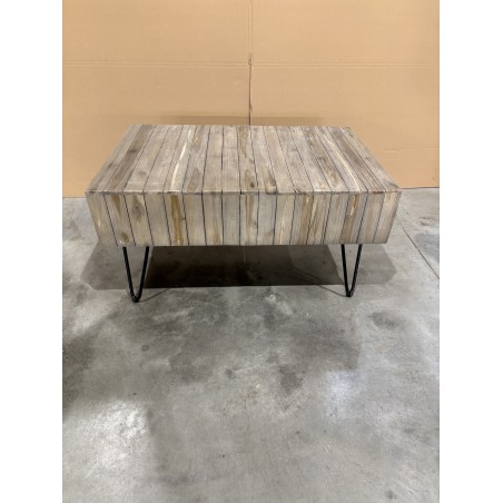 SECONDE MAIN - Table basse rectangulaire 2 tiroirs branches bois Teck naturel - pieds épingles scandi métal