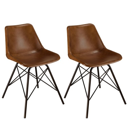 Set of 2 brown leather chairs with steel legs