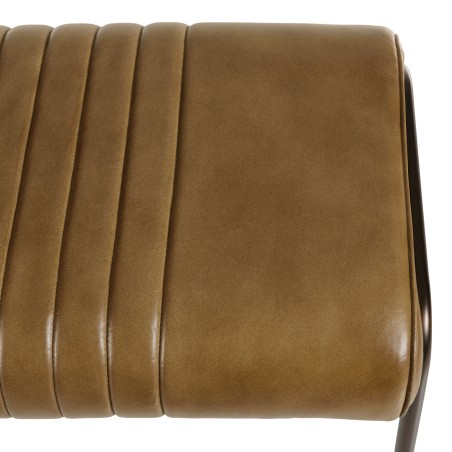 Banc matelassé en cuir marron et pieds acier