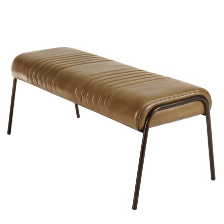 Banc matelassé en cuir marron et pieds acier